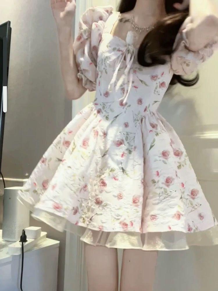 First Love Sweet Floral Dress Women's Summer New Waist Skinny Small Fresh Running Princess Fluffy Short Dress