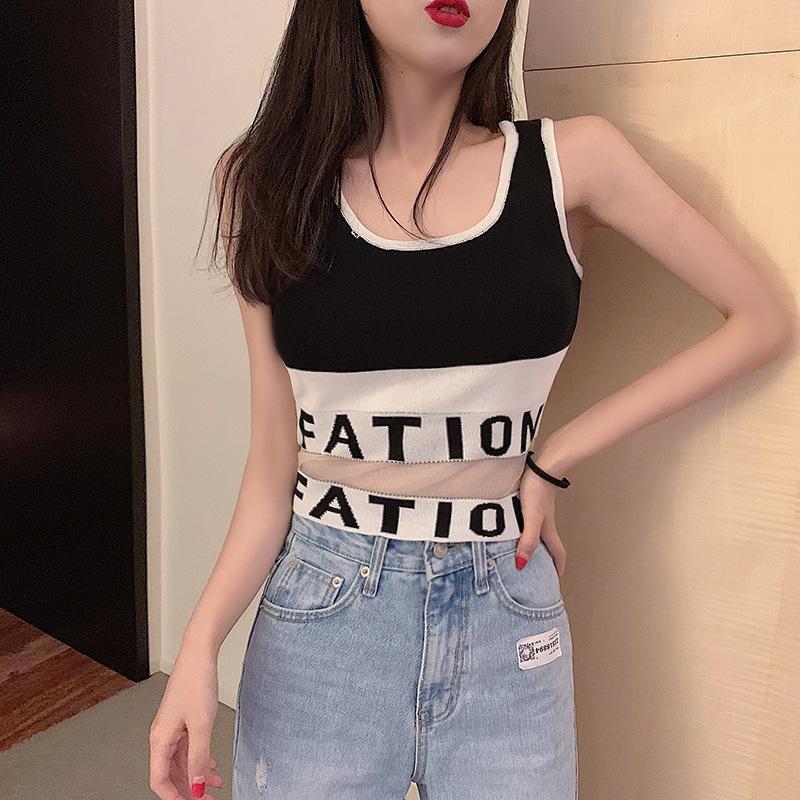 

Летняя новая мода новый укороченный сетчатый лоскутный вязаный ремешок маленький жилет без рукавов топ для женщин One size