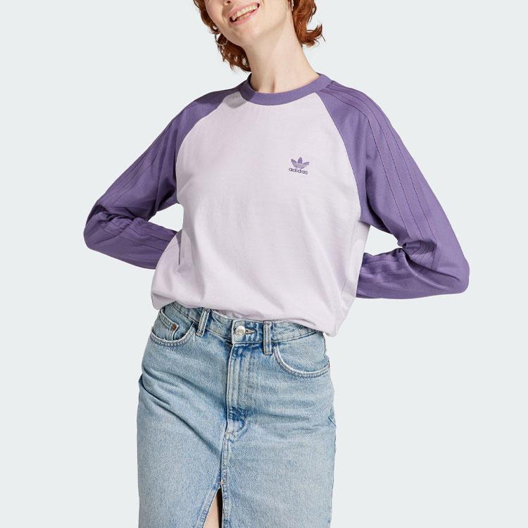 Adidas Originals Long Sleeve Tee With Letter Print American Vintage Color Block Sports Crew Neck Women Tops Purple IN4135
