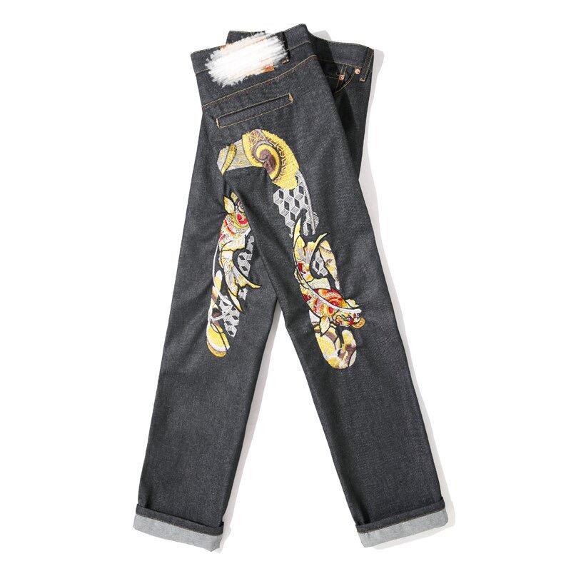 RogueWave New Japanese Hipster Retro Hip-hop Fashion Print Jeans High Street Leisure Slim Straight Embroidery Y2k Print Stitching Trousers