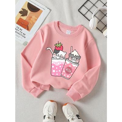 Girls' Soft Crewneck Sweatshirt Cute Cat Strawberry Milk Tea Print with Cute Creative Print, Casual All-Match for Fall Winter, Ideal Holiday Present