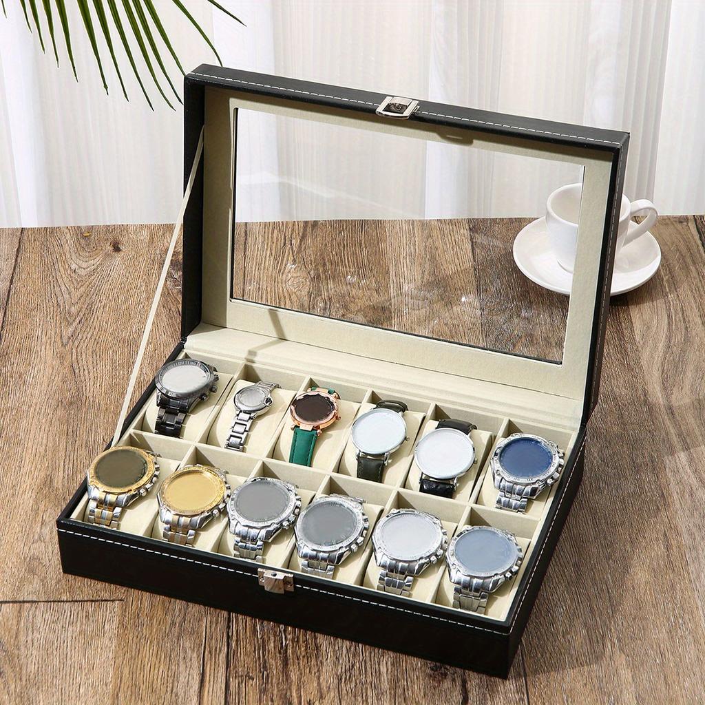 A Faux Leather Watch Storage Box That Holds 12 Watches, Perfect for Displaying Timepieces And Storing Jewelry Like Bracelets