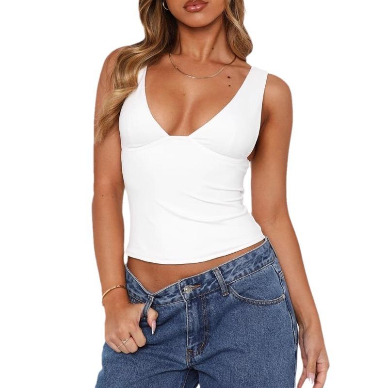 Women's Deep V-neck Low-cut Backless Hottie Short Navel-baring Sleeveless Tank Top T-shirt for Women