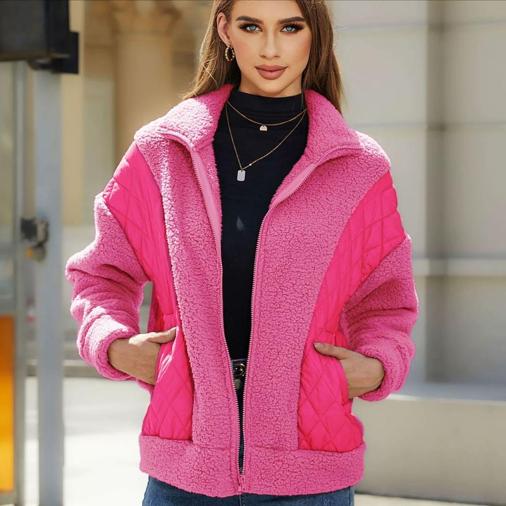 Women's Fall and Winter Long-sleeved Cardigan Zipper Plush Splicing Ladies Short Jacket