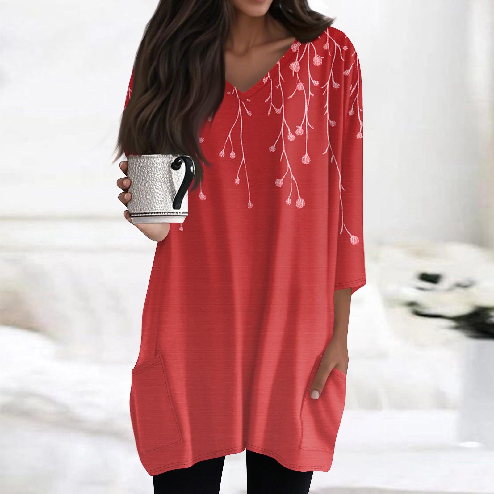 

Женские повседневные рубашки с рукавами 3/4, модные туники с принтом, топы с карманами XL красный