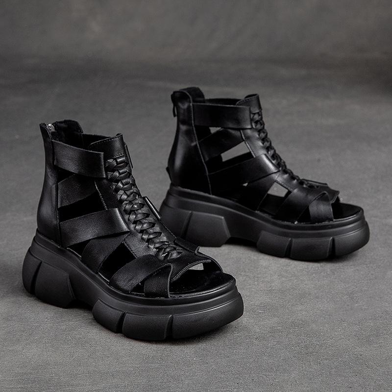 

GKTINOO Genuine Leather Women Shoes Summer Sandals 2025 New Zip Retro Wedges Handmade Weave Casual Concise Platform Sandals 9