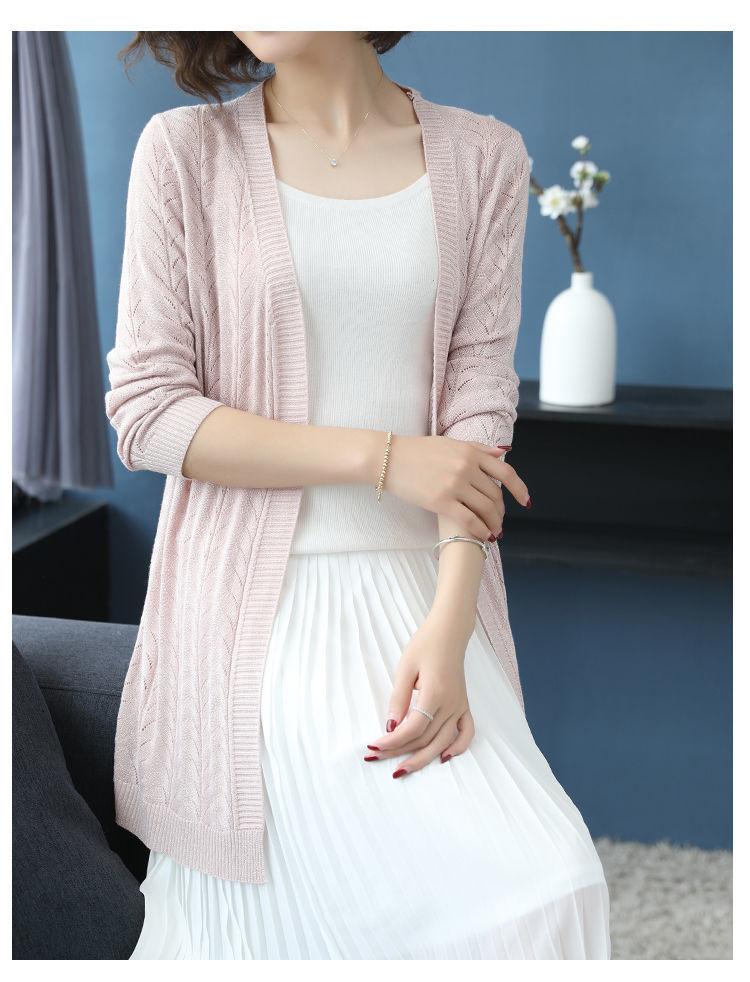 Jarní a podzimní dámský pletený kardigan vnější středně dlouhý tenký kabát