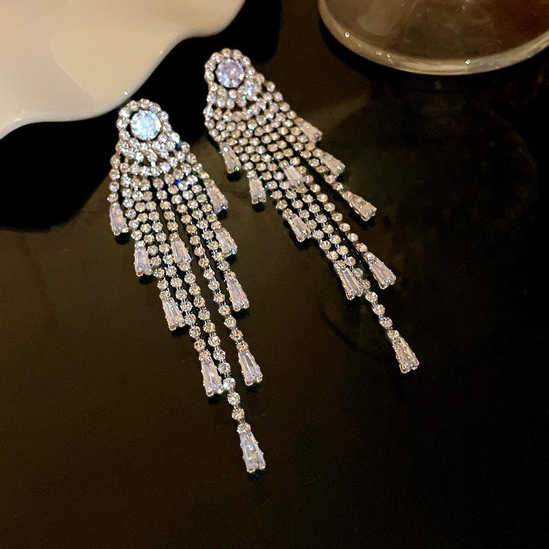 2025 Light Luxury Silver Needle Diamond Flower Tassel Earrings - Elegant European & American Style for Women