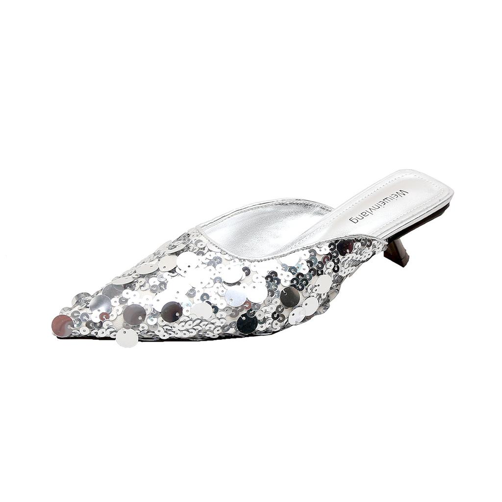 Pointed high heels women's summer sequins pointed stiletto one pedal bag head half slippers