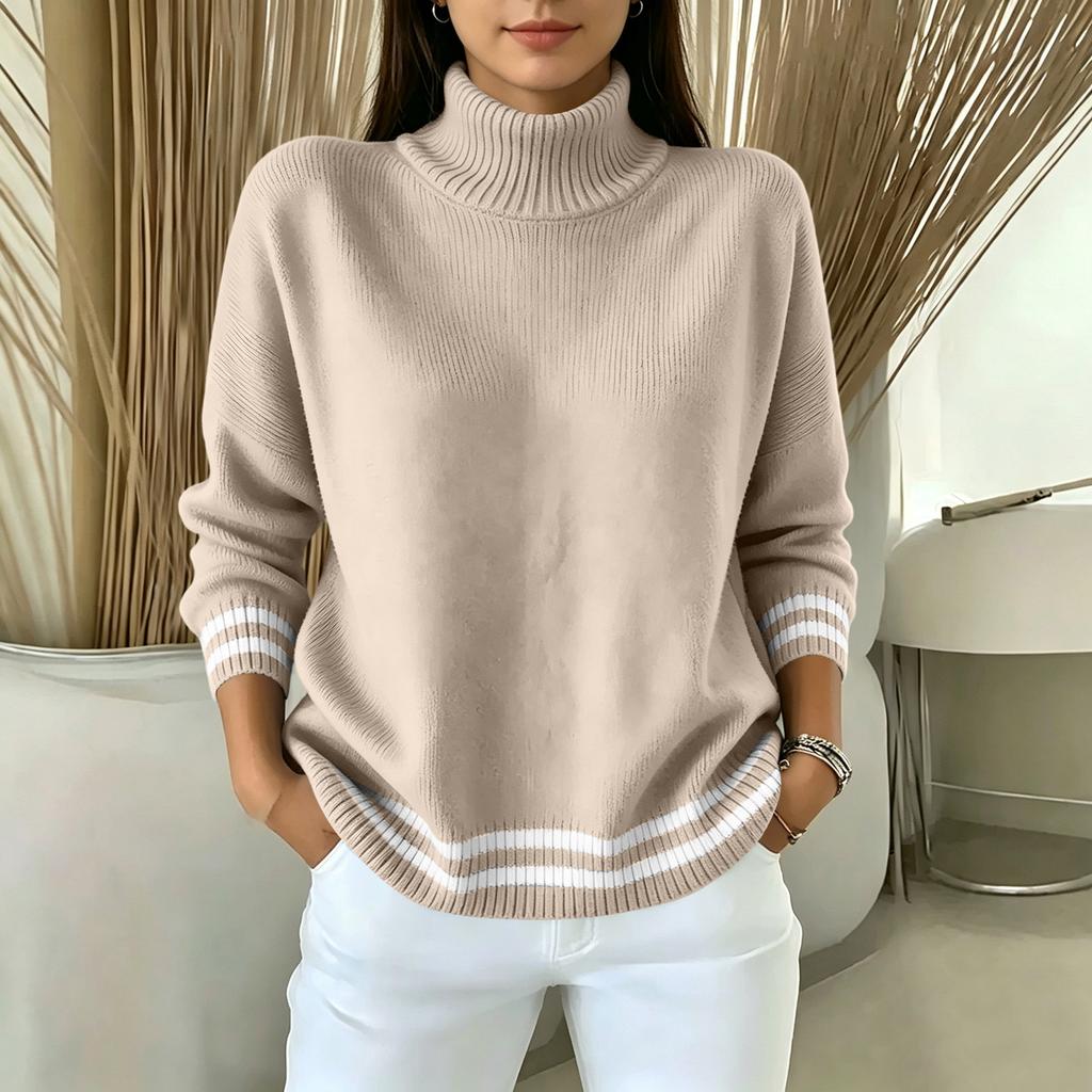 Women's Casual Striped Mock Neck Sweater, Loose Fit Long Sleeve Knit Pullover Top
