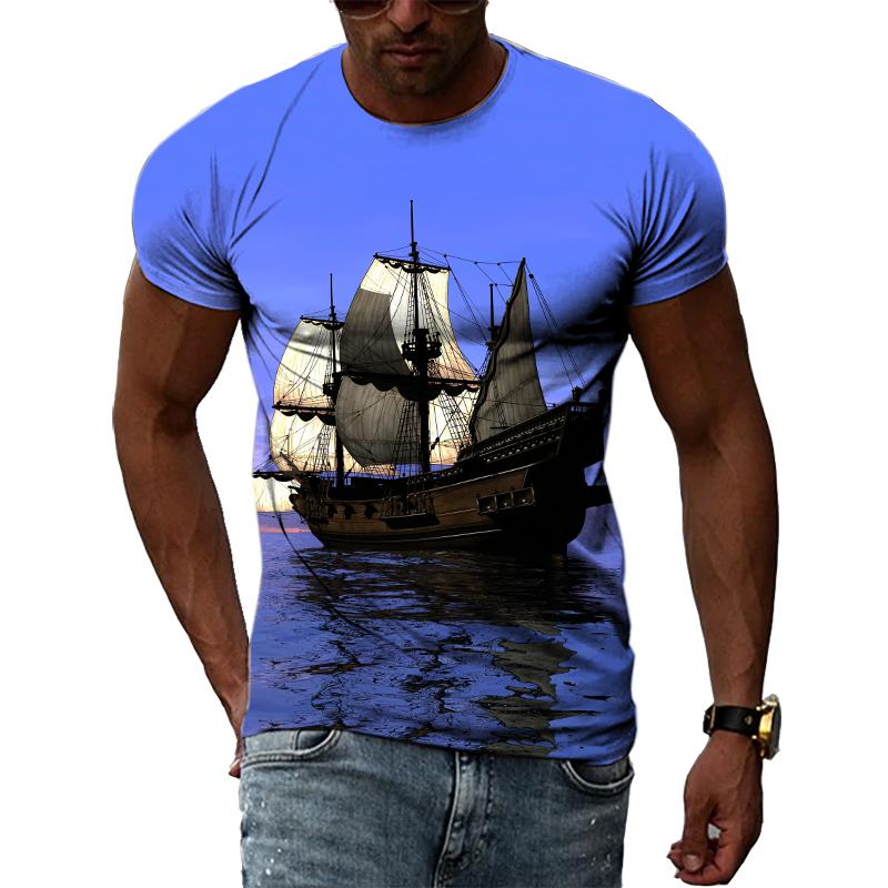 Sommer Segelboot Auf Meer Grafik T Shirts Männer Mode Lässig Persönlichkeit 3D Gedruckt Rundhals Kurzarm Streetwear T-shirts Tops