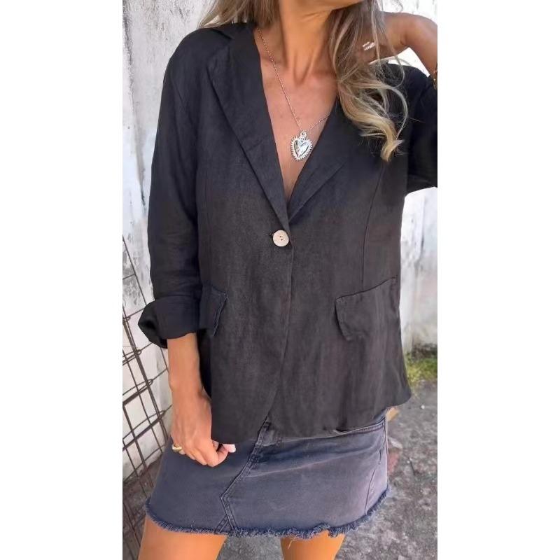 

GMXIA Весенний стиль Плюс Размер Свободный однотонный пиджак на пуговицах из хлопка и льна для женщин XXXXXL чёрный