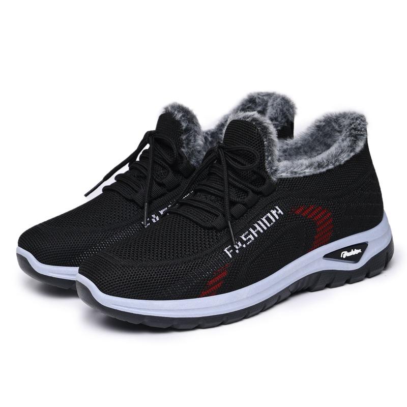 Women Winter Fleece Lined Knit Mesh Walking Shoes, Soft Sole Casual Sports Sneakers for Elderly Mom
