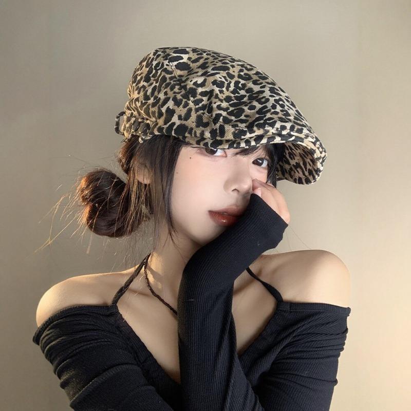Women S Retro Leopard Print Beret Duckbill Cap Summer Thin Stylish