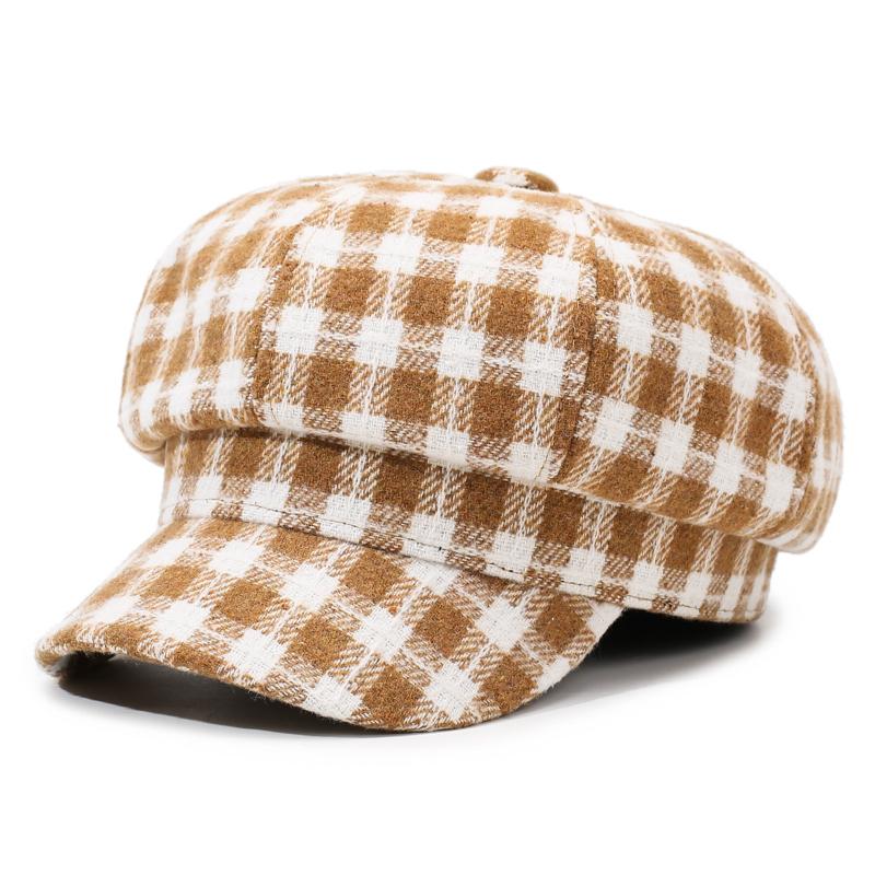British Retro Women's Octagonal Hat, Fashionable and Versatile Checkered Beret