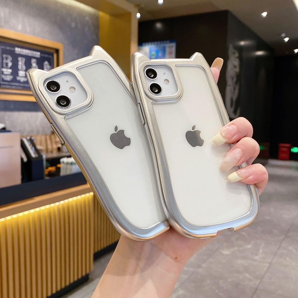Apple 16pro Electroplated Silver Frame Cat Ear 15promax Full Inclusive Mobile Phone Case 14 Protective Case