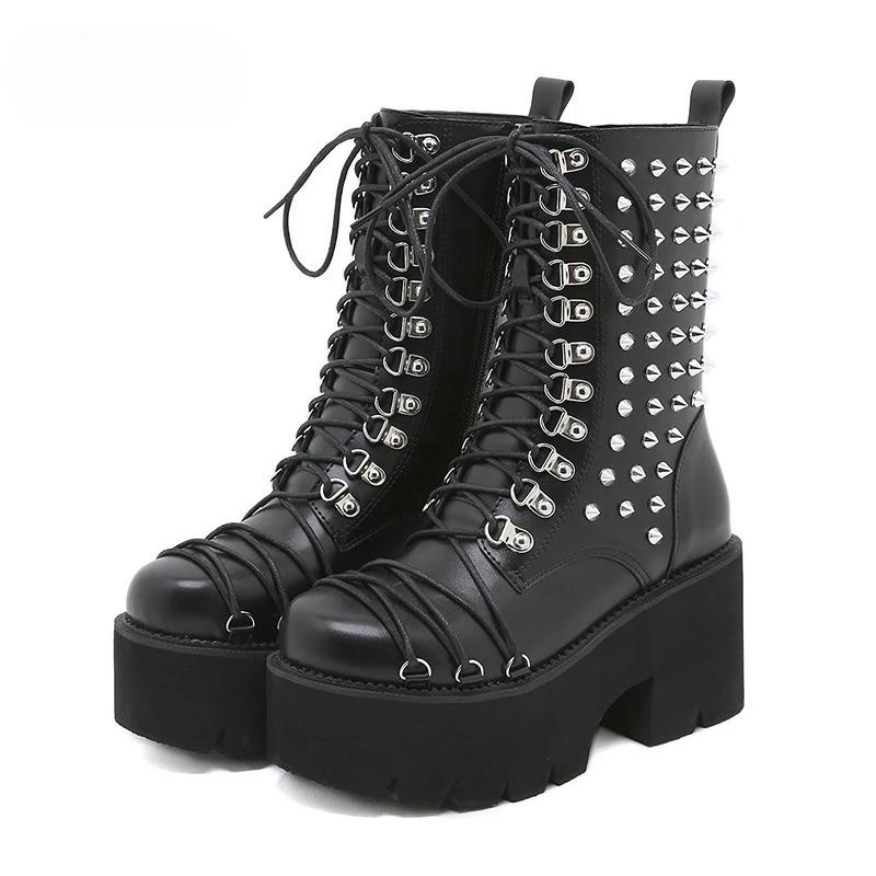 Fashion Women Motorcycle Punk Boots Mori Girl Lady Lolita Boots Woman High Top Boots Platform Fashion Rivets Goth Dark
