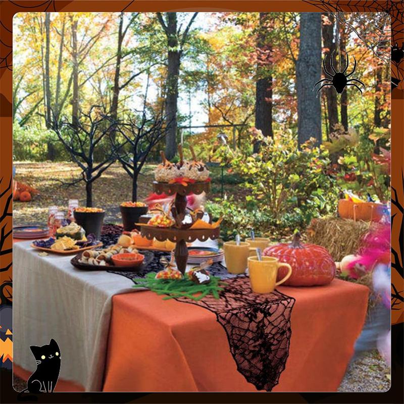Spooky Halloween Table Runner Black Lace Spider Web Design Tablecloth Fireplace Scarf Haunted House Decor Party Decoration