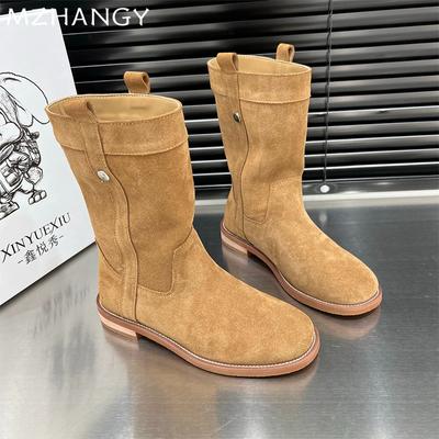 Fashion Suede Women Snow Mid Calf Boots Flats Fashion Shoes Woman 2025 Trend Walking Winter Chelsea Boots Goth New Mujer Short Botas