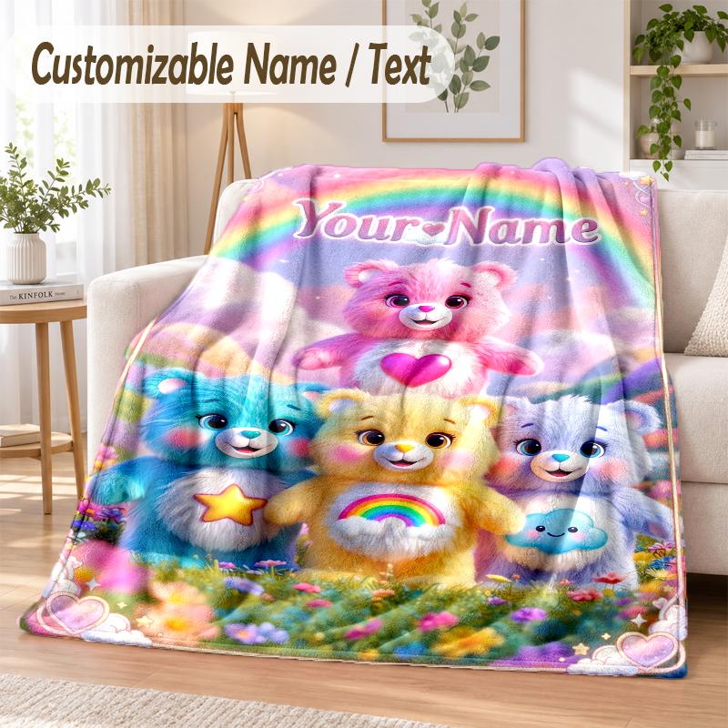 Care Bears Custom Name Flannel Throw Blanket Soft Warm for Sofa Bed Indoor Home Use