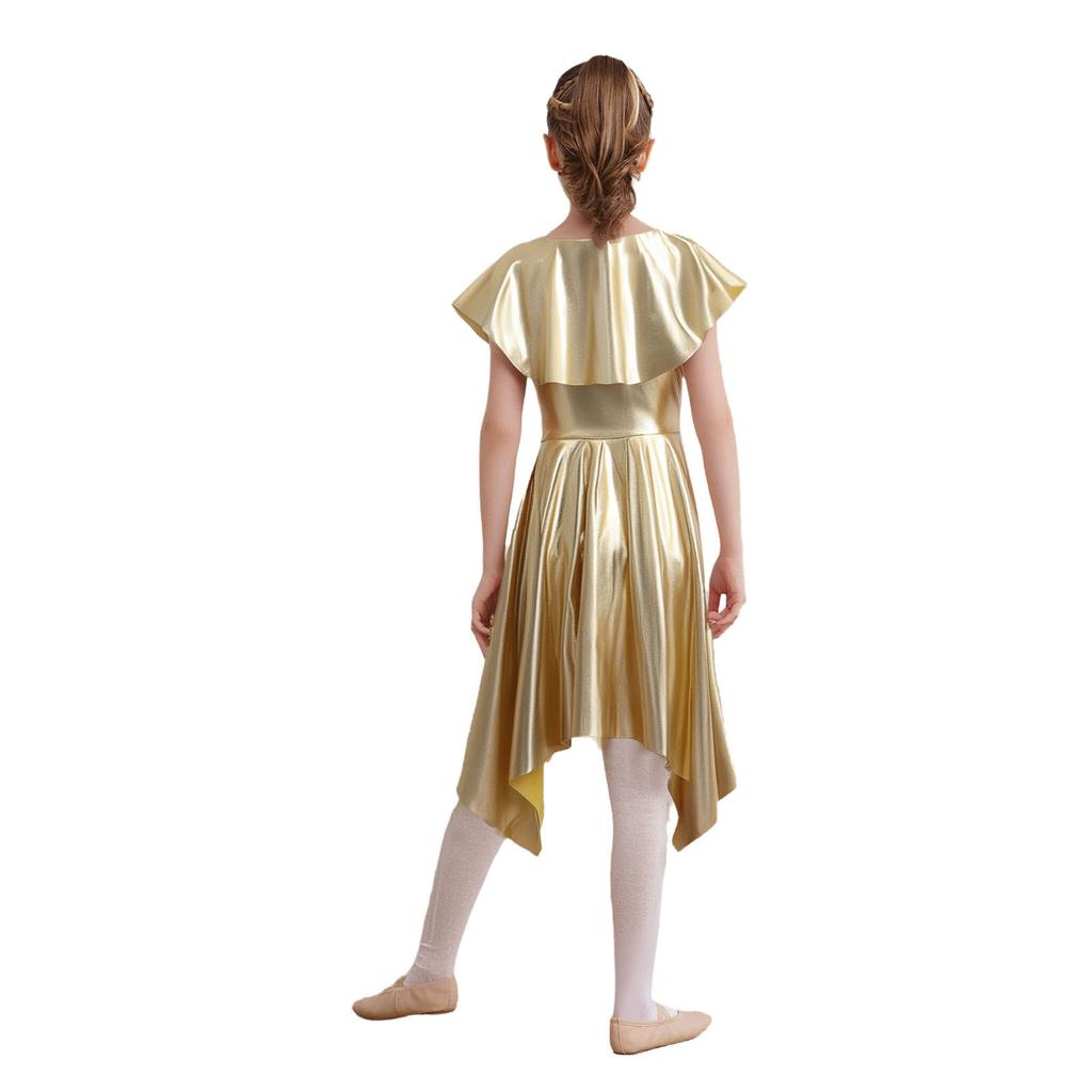 Girls Praise Dance Metallic Tunic Asymmetrical Hem Belted Choir Dress Performance Gown