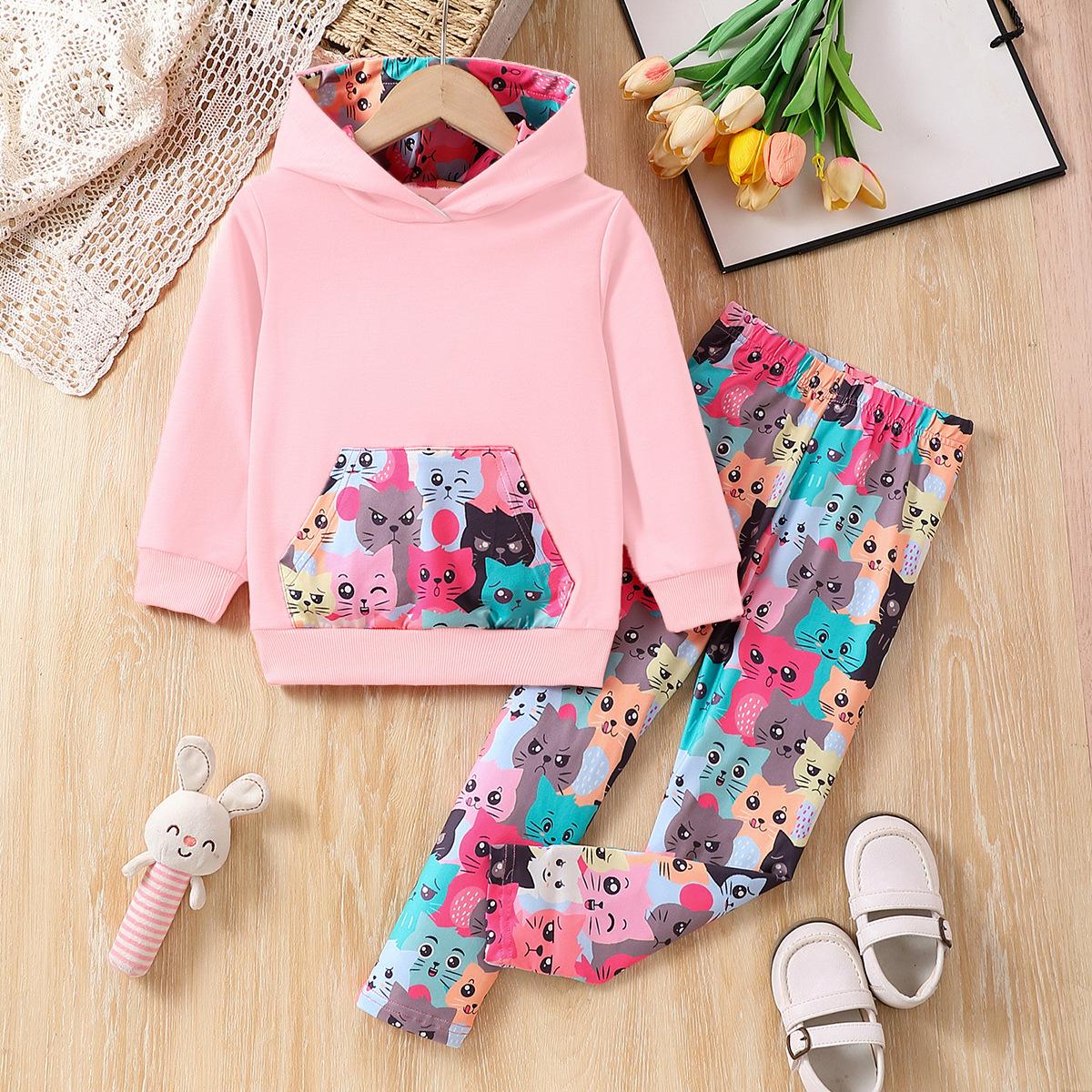 

Модный комплект из двух предметов для девочек с длинными рукавами и брюками, спортивный костюм с рисунком кота из мультфильма, весна и осень 130cm темно-розовый