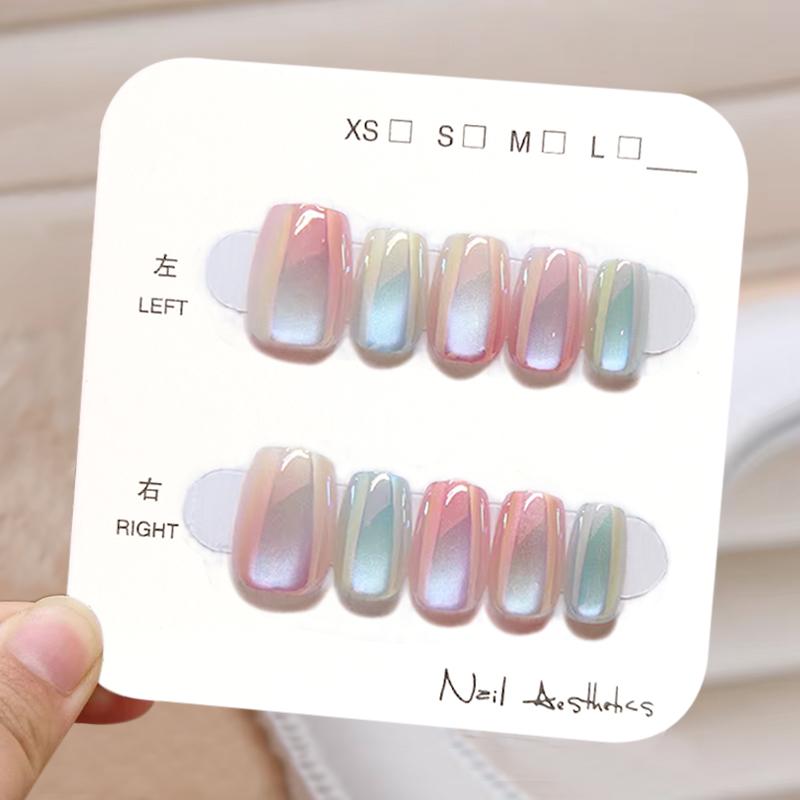 10 Pcs Short Rainbow Gradient Cat Eye Square False Nails Detachable Press On Nail Tips For Women