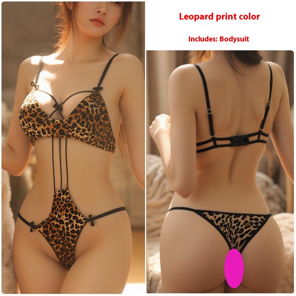 Sexy Tight Onesie Hollow Strap Leopard Print Three-point Female Passion Free Flirting Pure Desire Teasing Lingerie