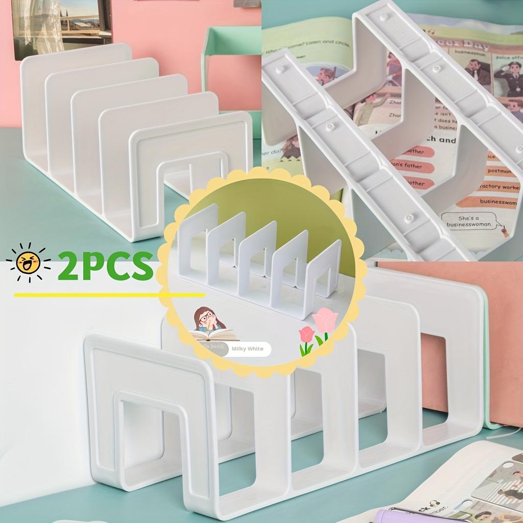 4-Slot Desktop Book Stand Organizer - Durable PP Material, White & Purple, Space-Saving Design for Office, School, or Home Use