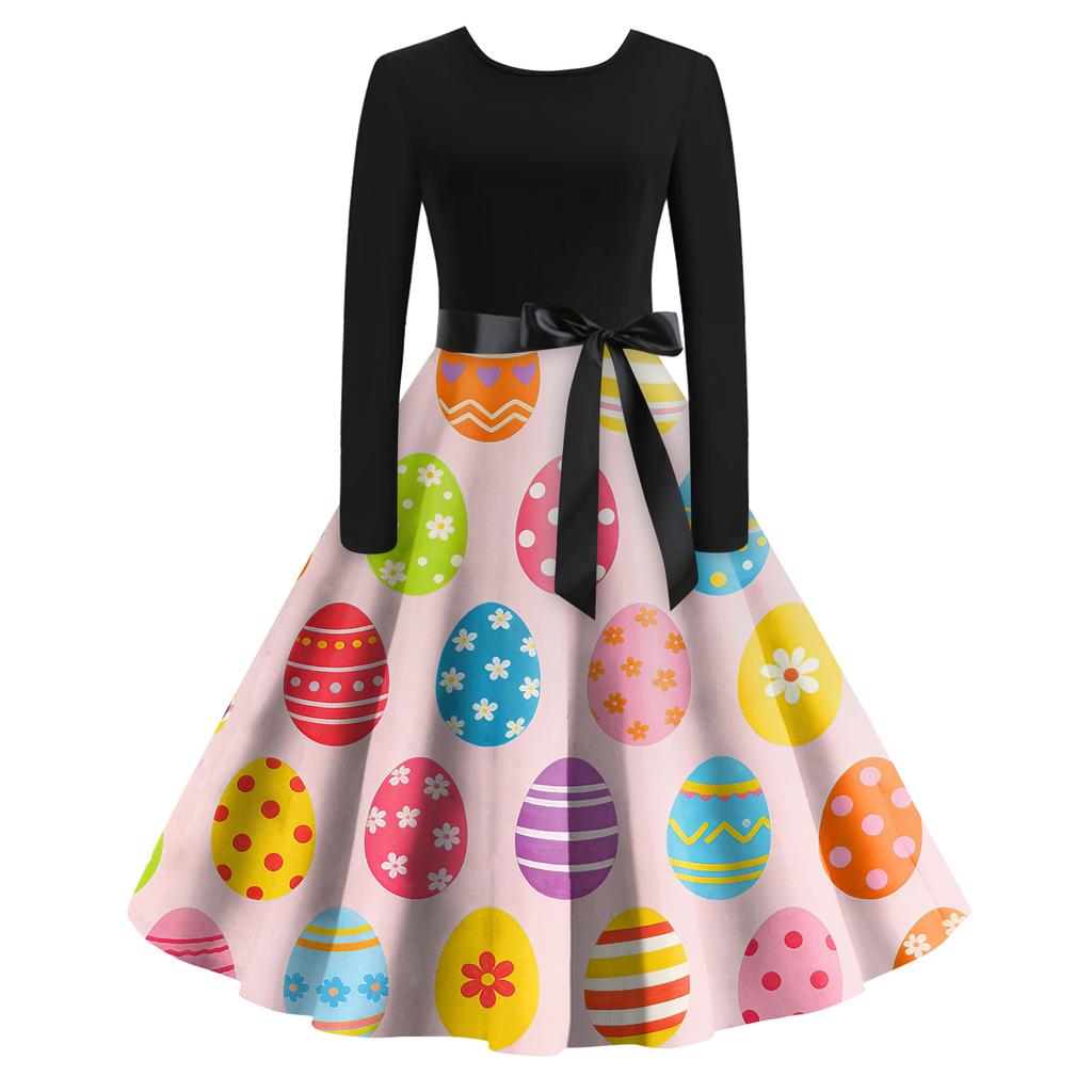 Women's Casual Fashion R-neck Long Sleeved Retro Christmas Print Retro Dress