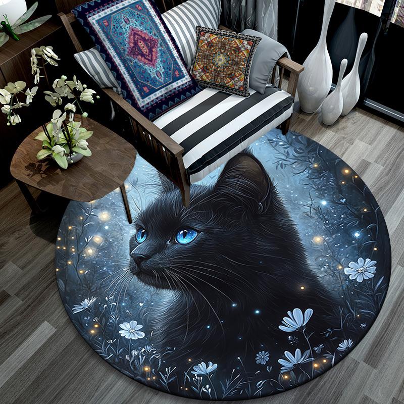Magical Black Cat Round Area Rug,Carpet Rug for Living Room Bedroom Sofa Playroom Decor,Non-slip Floor Mat