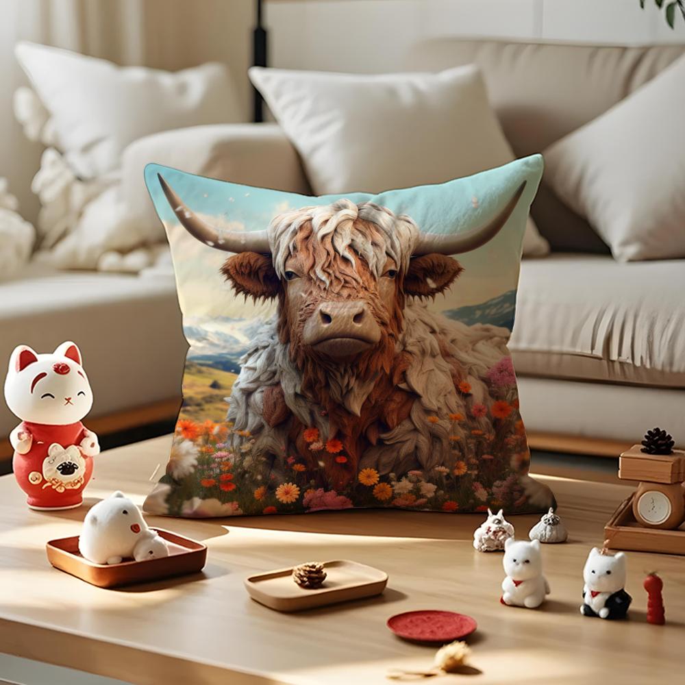 Vibrant Highland Cow Pattern Cushion Cover Silky Short Plush with Invisible Zipper Dustproof Sofa Pillow Cover for Home Decor