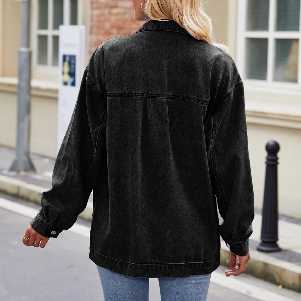 Women's Fashionable Versatile Classic Retro Solid Color Lapel Long Sleeved Pocket Loose Denim Jacket