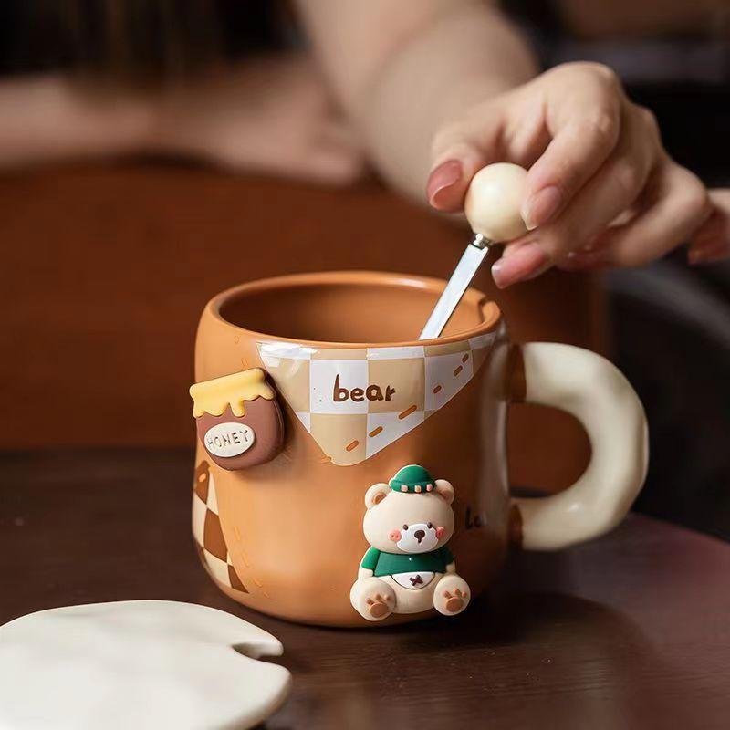Kubek Honey Bear z zagęszczoną ceramiką z pokrywką i łyżeczką, kubek do kawy, 3D, magnetyczny, odłączany, adsorpcyjny, wieszak na napoje