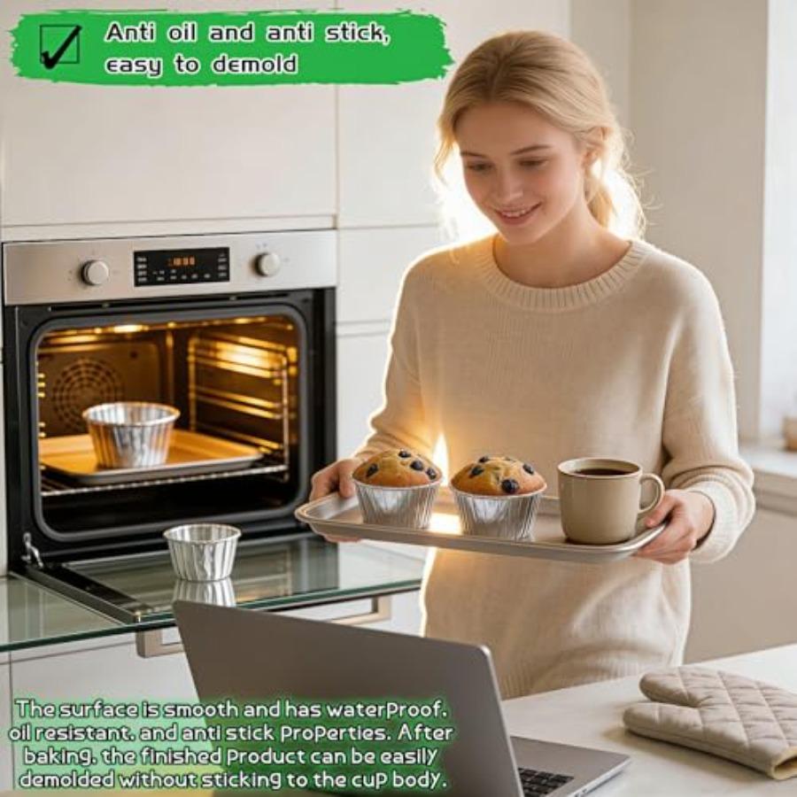Aluminum Foil Muffin Cups 50 Pack Disposable Baking Cups for Cupcakes, Muffins, Ramekins; Oven Safe to 428F, Silver, Easy Relea