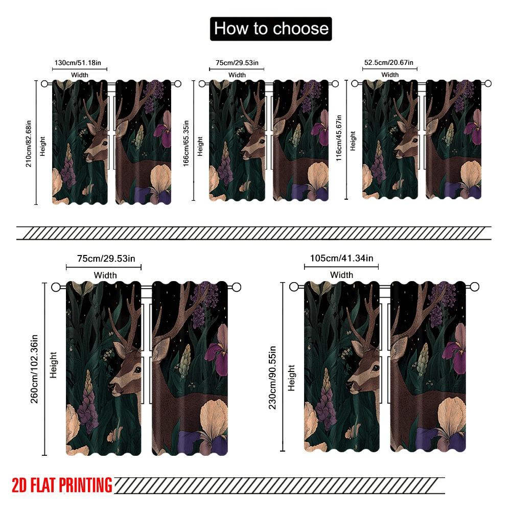 2pcs,2D plane printing Window Curtain Deer With Flowers Nature (2) Polyester Fabric (without rod) All Seasons Perfect for Living