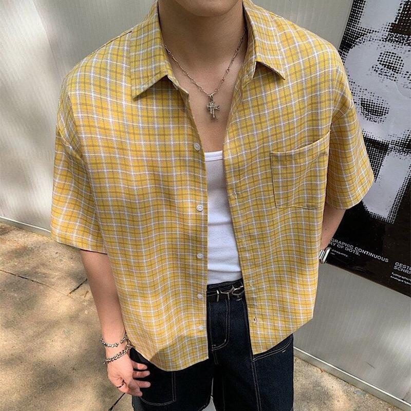 Summer Stylish Short Sleeve Shirt Men's Streetwear Vintage Button Up Turn Down Collar Shirts Trendy Men Plaid Printed