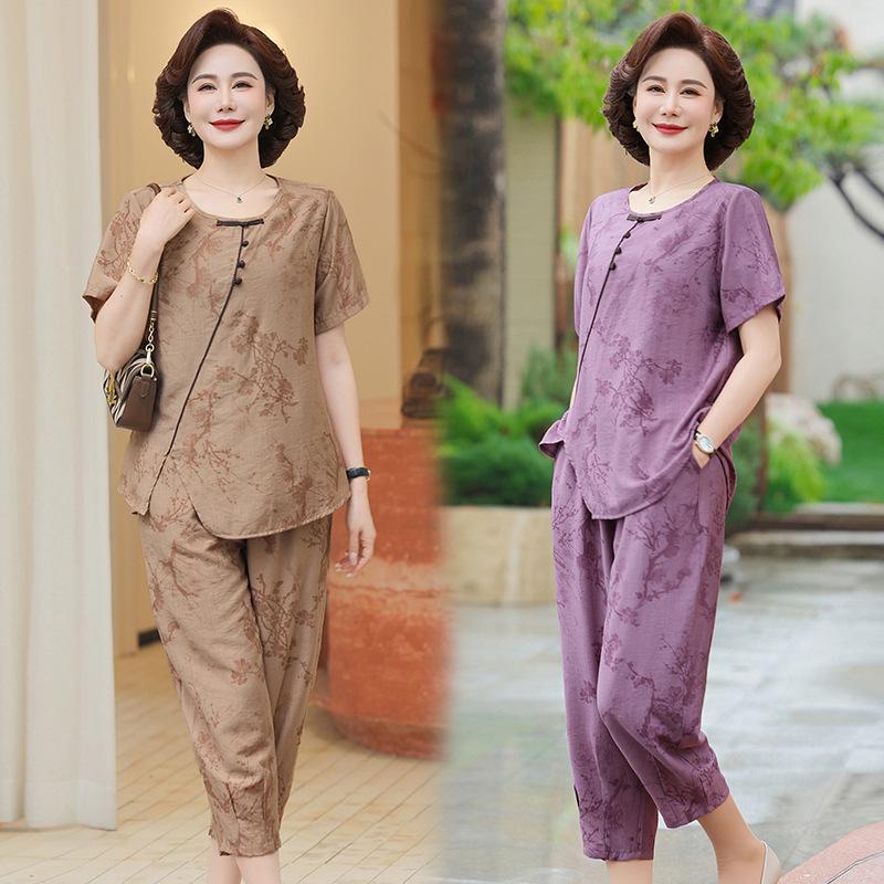 Petite Mom's Ice Silk Printed Summer Set for Middle-Aged Women