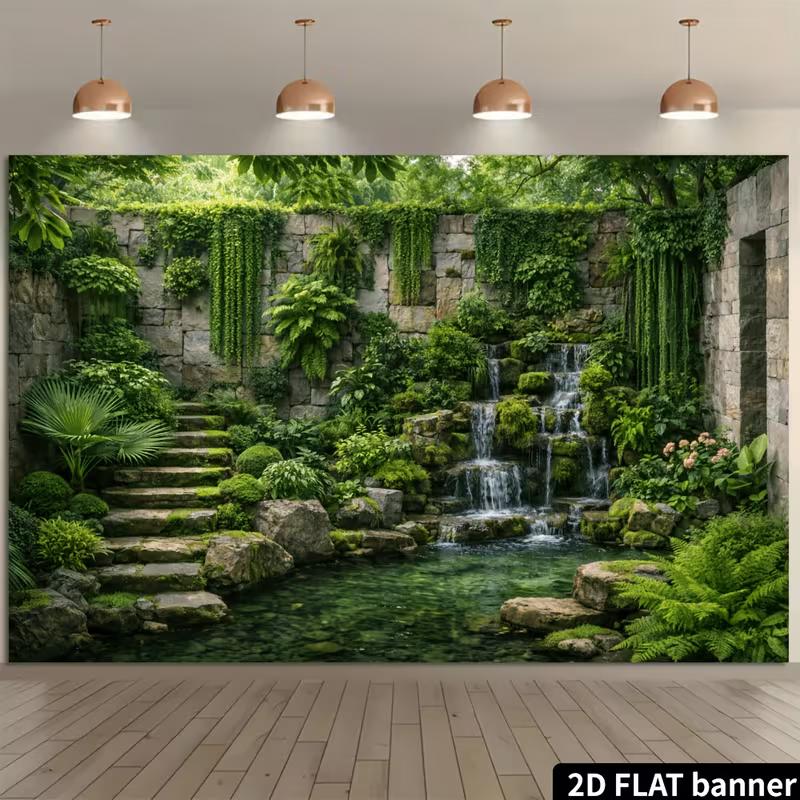 2D Stone Wall Vine Waterfall Pond Wall Tapestry