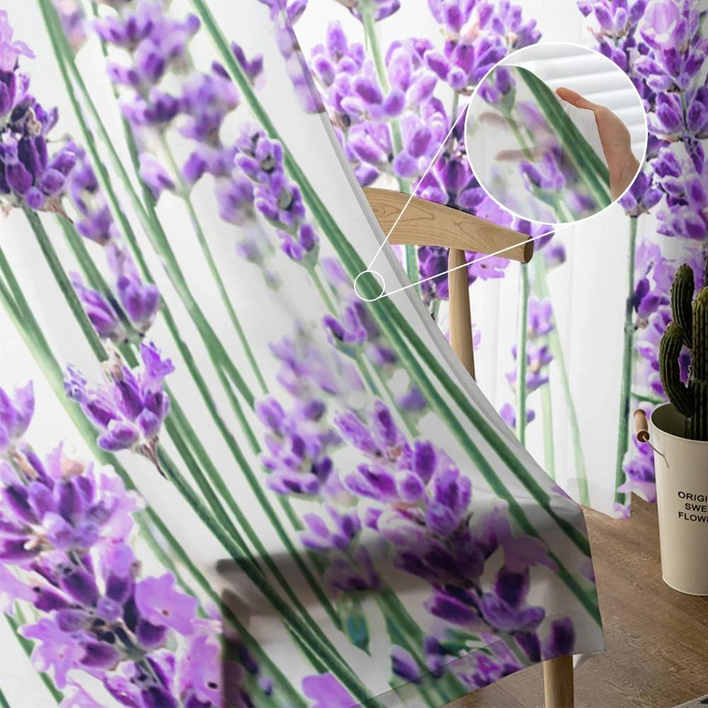 Lavender Plant Flowers Purple White Sheer Curtains for Living Room Decoration Window Curtain Kitchen Tulle Voile Organza Drapes