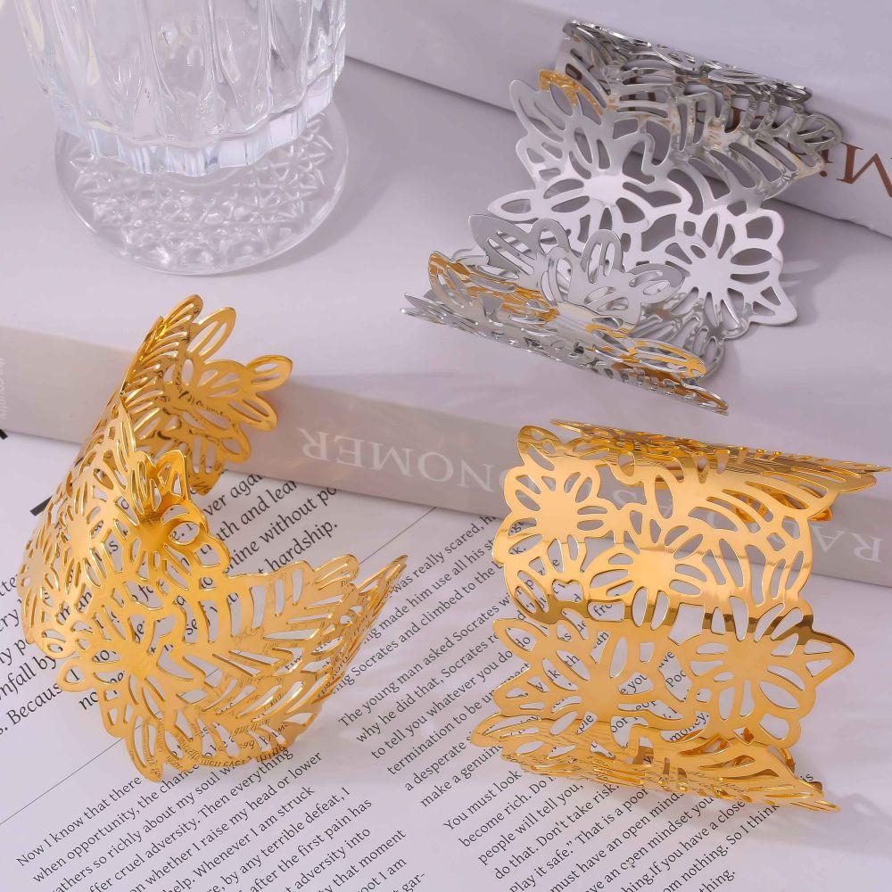 

Браслет з квітковим листям, що відкривається, браслет із титановою сталлю, покриттям із 18-каратного золота, індивідуальні перебільшені геометричні порожнисті ювелірні вироби