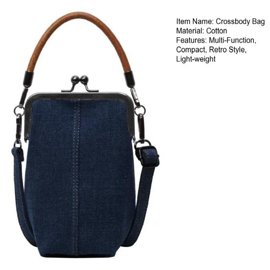 Denim Crossbody Phone Pouch Women Kiss-Lock Purse Retro Handbag with Top Handle Adjustable