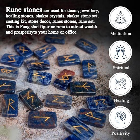 Crocon Sodalite Rectangle Shape Gemstone Runes with Elder Futhark Alphabet Engraved 25 Pcs Rune Set Crystal Divination Metaphysical : 20-25mm