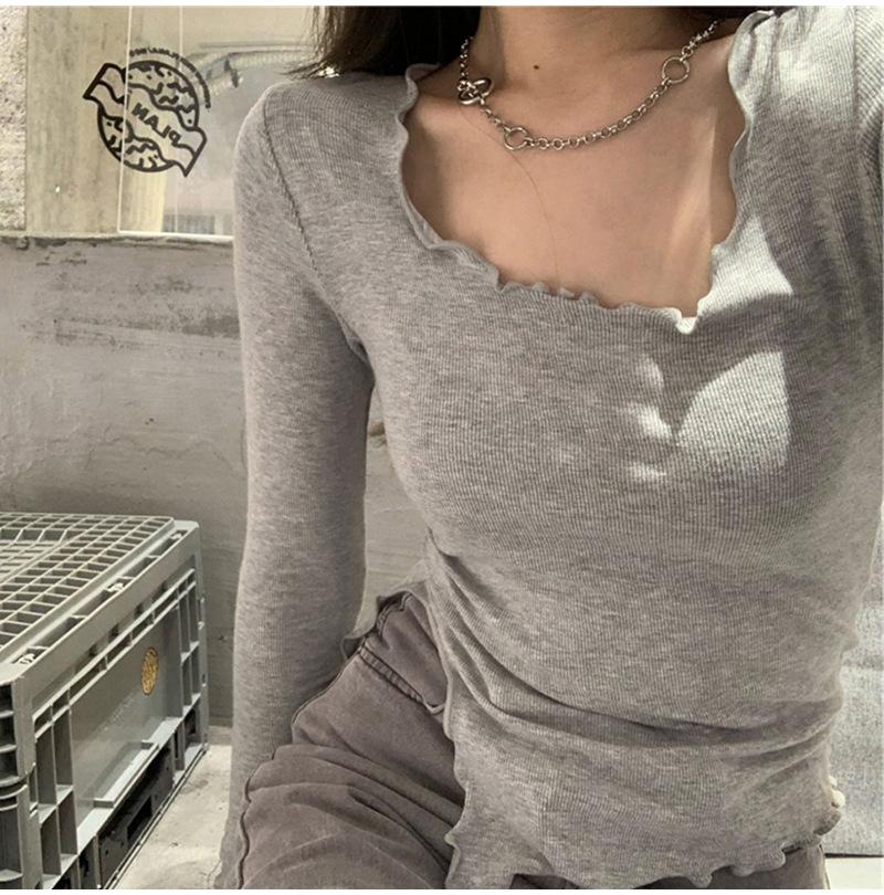 Long Sleeve T-shirts Women Fungus Line Irregular Hem Knitted Slender Autumn Bottoming Tees Chic Fashion Sexy Solid