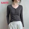 Baleno Women's Slim-Fit Striped Henley Long-Sleeve Tee