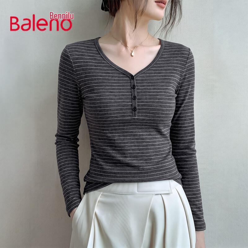 Baleno Women's Slim-Fit Striped Henley Long-Sleeve Tee