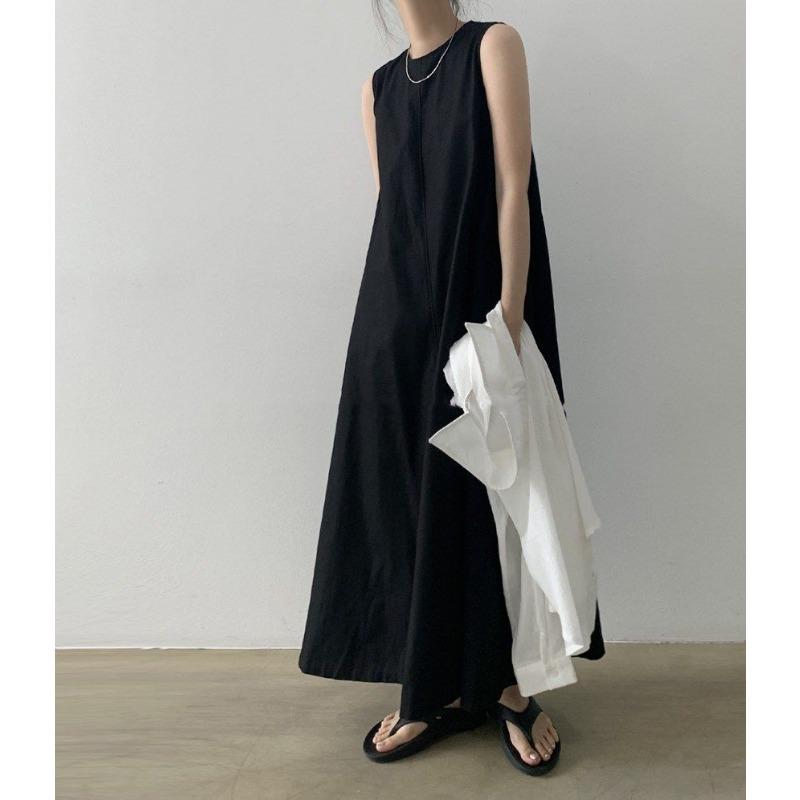Women Summer Vintage Cotton and Linen Long Tank Dress Sleeveless Loose Waist Large Hem Round Collar Midi Sundress