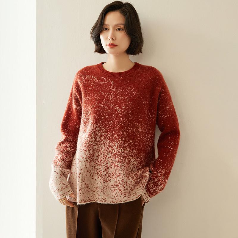 Women's Starry Sky Color Block Cashmere Sweater - Round Neck, Loose Fit, Autumn/Winter Style