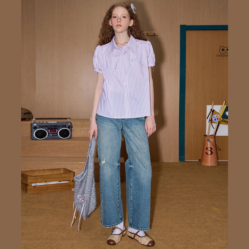 Coolhut Striped Puff Sleeve Preppy Style Loose Sweet 2025 Summer Women's Shirt Niche Short-Sleeve Design