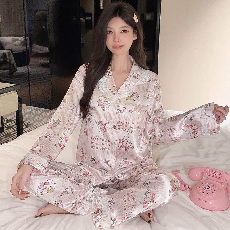 French Cute Cat Ice Silk Pajamas Women'S Spring And Autumn Sweet Wind Cool Long-Sleeved Loungewear Suit Can Be Worn Outside